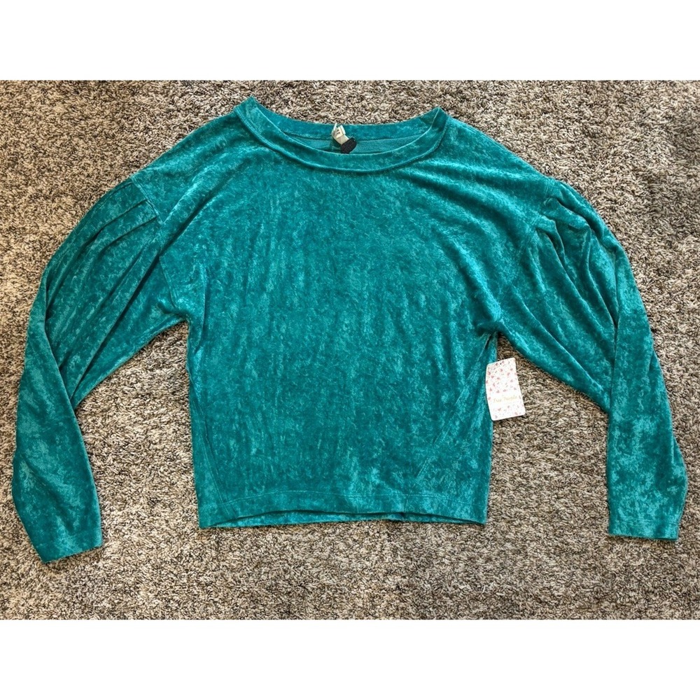 Free People Milan Crushed Velvet Teal Green Cropped Blouse XS OB652252